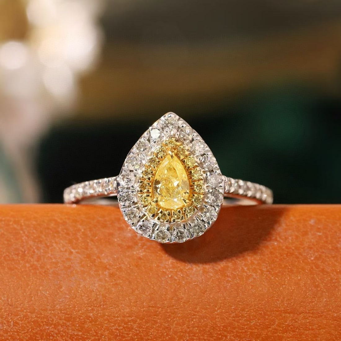 14k Gold 0.82 Ctw Natural Yellow Diamond & Diamond Ring: Ref:231107246 // gold content:14k gold // ring size:7. 25us // // main gemstone:yellow diamond // shape:pear // carat weight:0. 50ct // color:yellow // treatment:natural // // adjacent gemstone 2 :