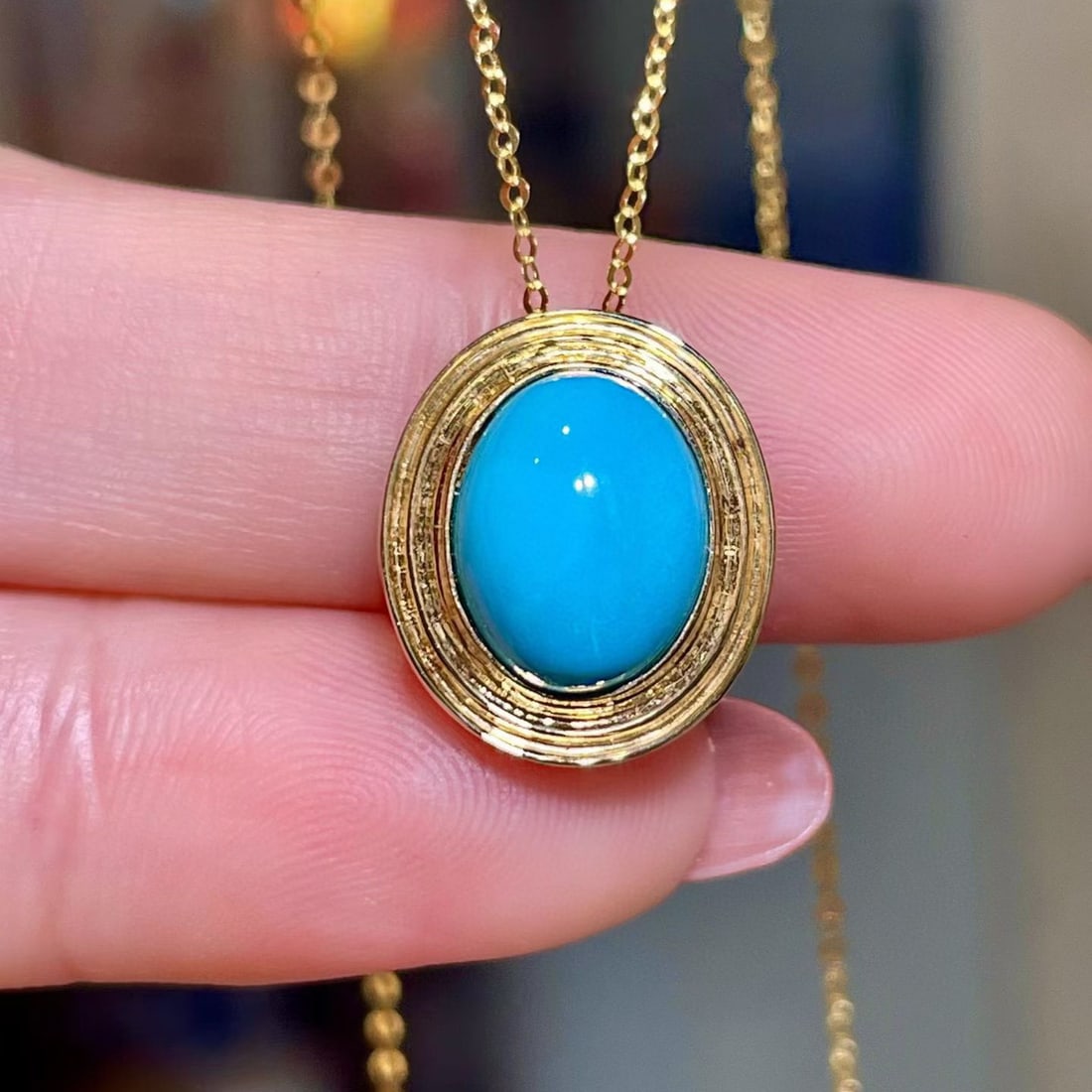 14k Gold 2.69 Ct Natural Blue Turquoise Pendant( Without Chain ): Ref:231107259 // gold content:14k gold // main gemstone:blue turquoise // shape:oval // carat weight:2. 69ct // color:blue // treatment:natural // Condition: New High Estimate: 2800 Low Estimate: 1900