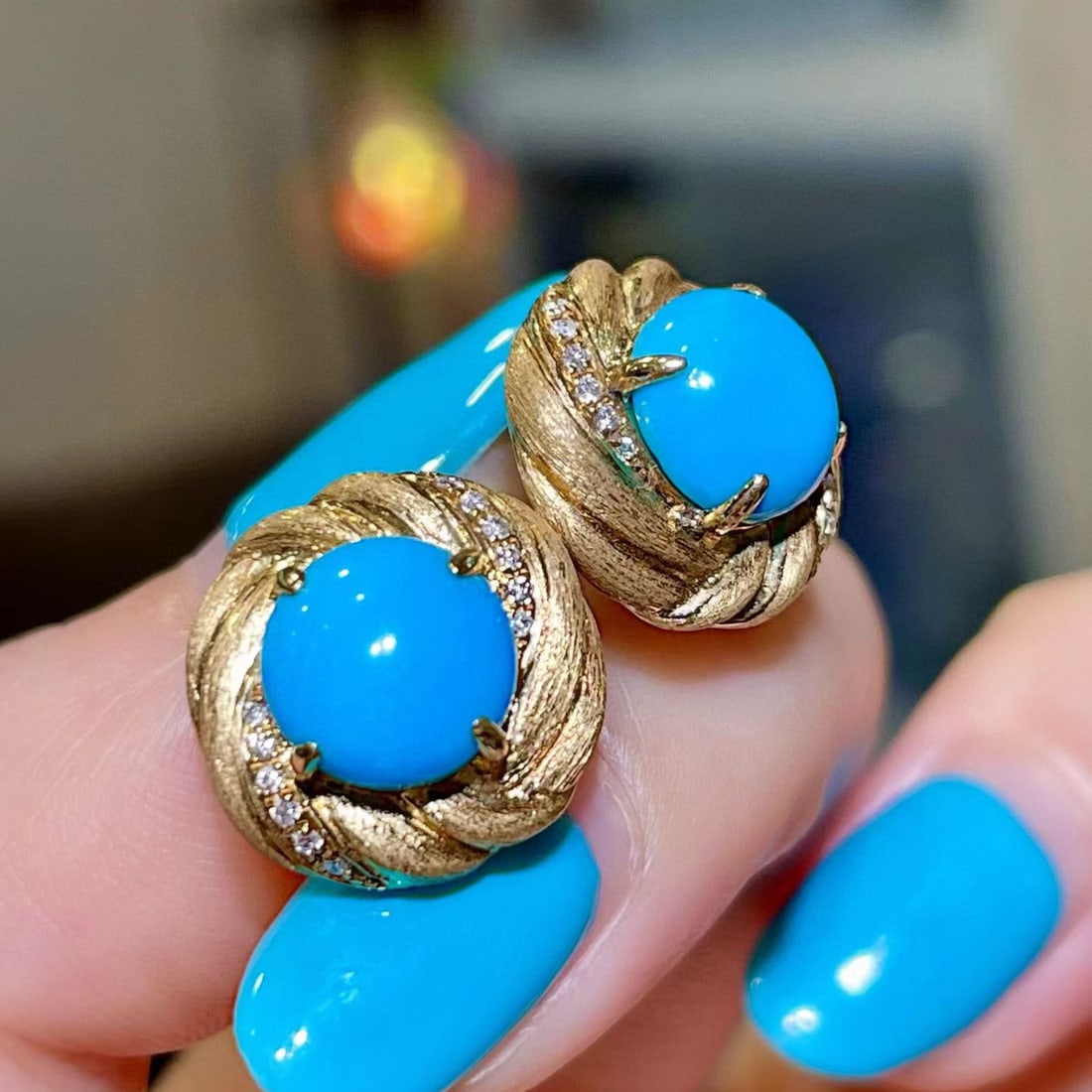 14k Gold 3.60 Ctw Natural Blue Turquoise & Diamond Earrings - 2