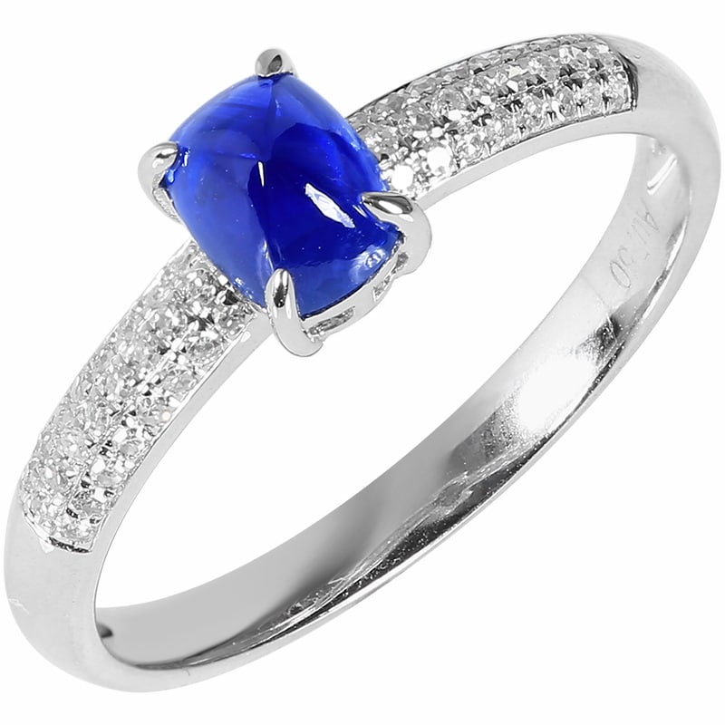 14k Gold 0.99 Ctw Natural Sapphire & Diamond Ring: Ref:231108012 // gold content:14k gold // ring size:7. 25us // // main gemstone:sapphire // shape:sugar-loaf // carat weight:0. 85ct // color:royal blue // treatment:natural // // adjacent gemstone 2