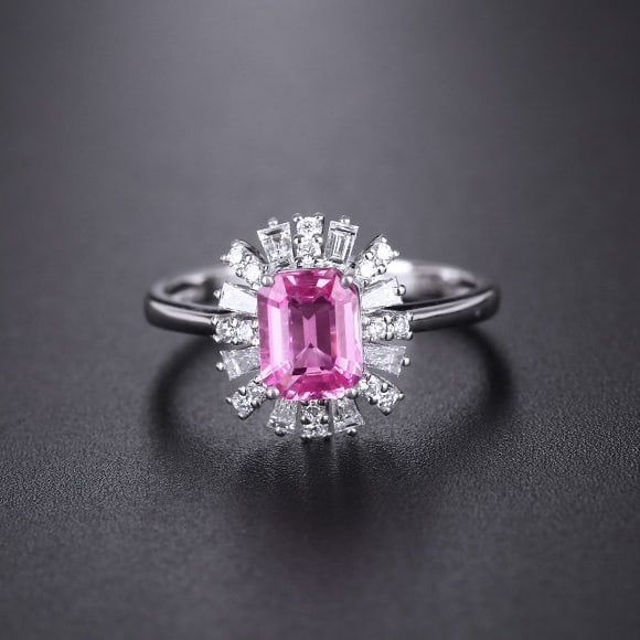 14k Gold 1.44 Ctw Natural Padparadscha Sapphire & Diamond Ring: Ref:231108014 // gold content:14k gold // ring size:7. 25us // // main gemstone:padparadscha sapphire // shape:octagonal // carat weight:1. 09ct // color:orangish pink // treatment:natural // //