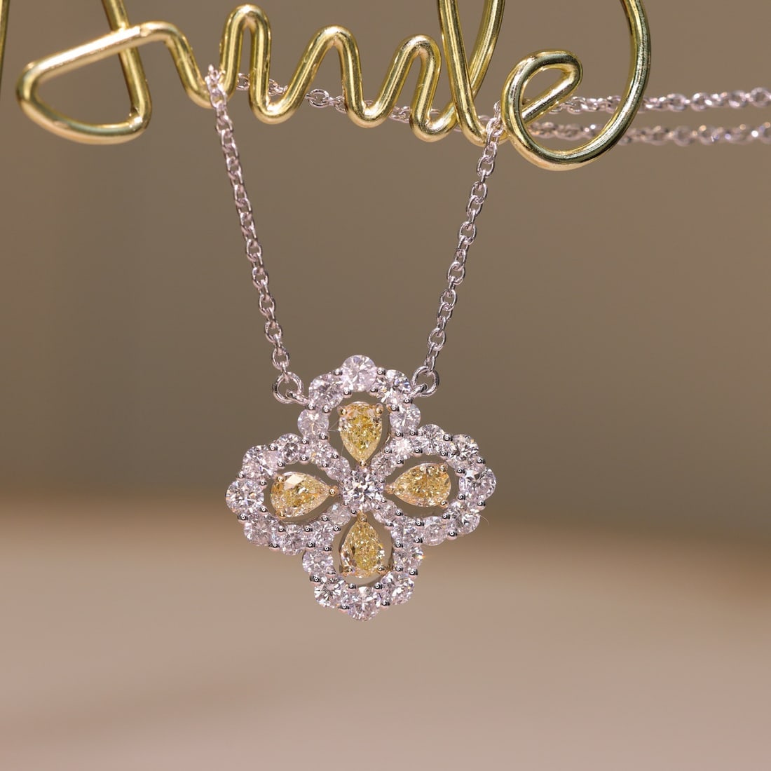 14k Gold 2.03 Ctw Natural Yellow Diamond & Diamond Necklace: Ref:231108033 // gold content:14k gold // main gemstone:yellow diamond // shape:pear // carat weight:0. 72ct // color:yellow // treatment:natural // // adjacent gemstone 2 : diamond // shape:round // 