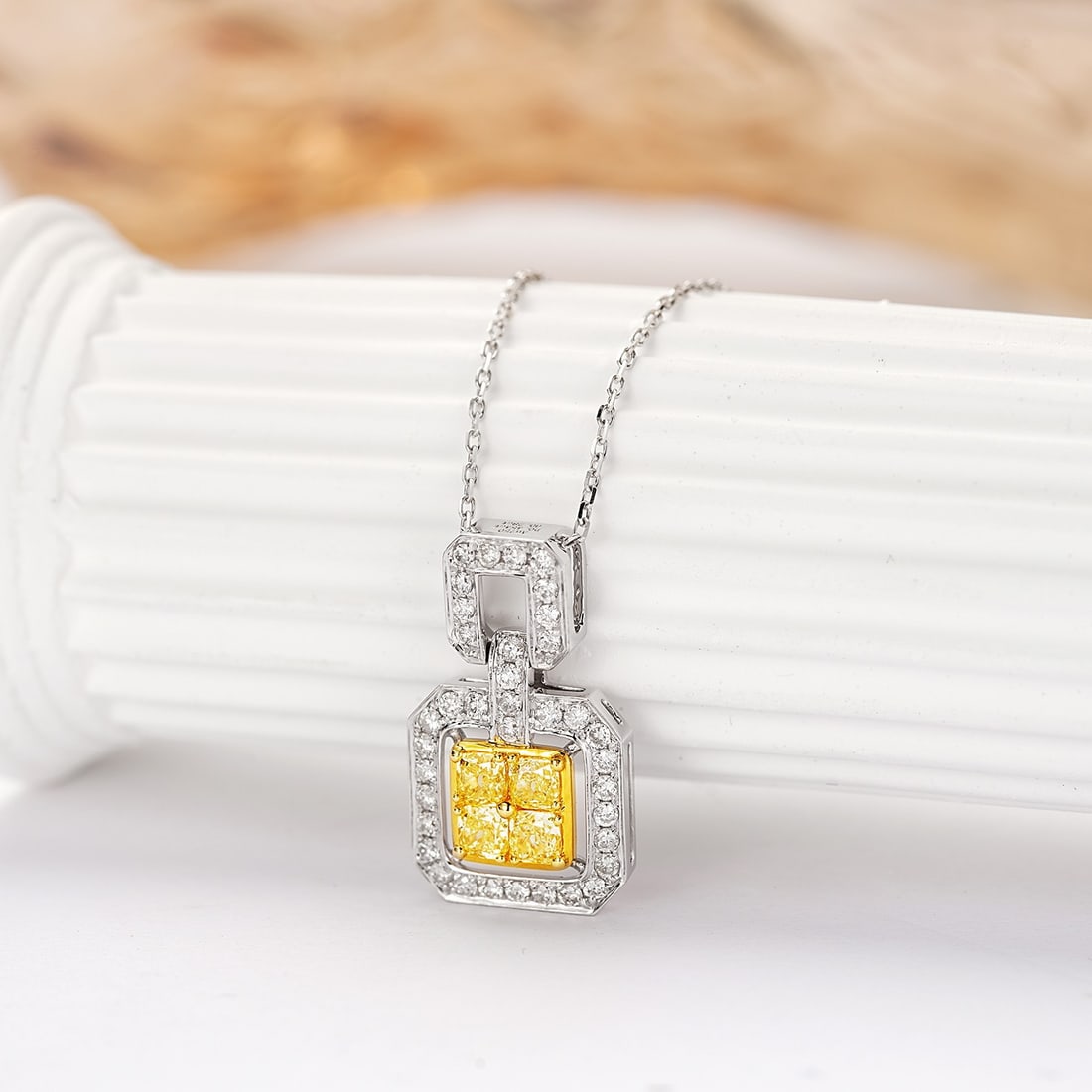 14k Gold 0.60 Ctw Natural Yellow Diamond & Diamond Necklace: Ref:231108041 // gold content:14k gold // main gemstone:yellow diamond // shape:cushion // carat weight:0. 33ct // color:yellow // treatment:natural // // adjacent gemstone 2 : diamond // shape:round