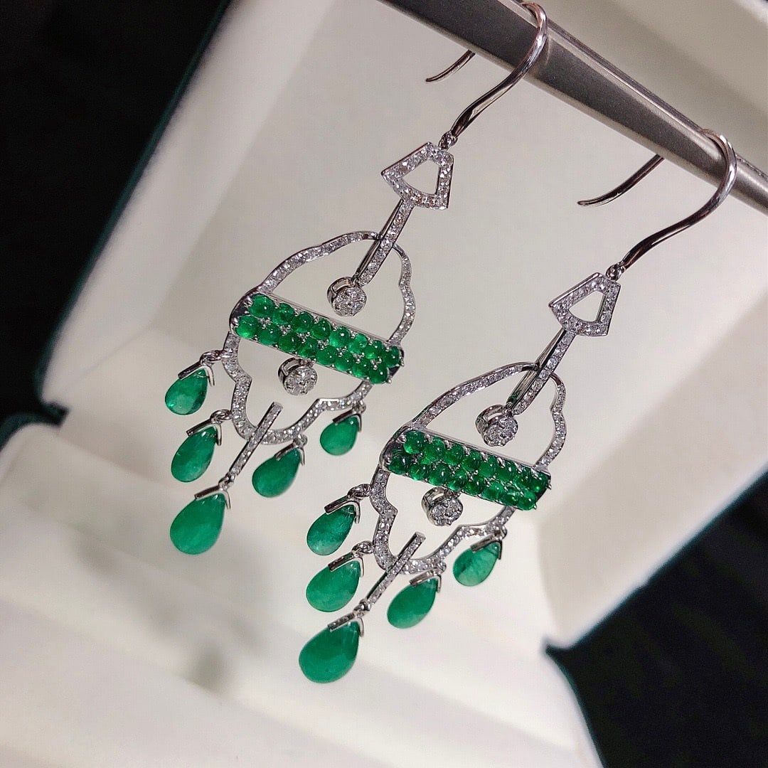 14k Gold 14.17 Ctw Natural Emerald & Diamond Earrings - 4