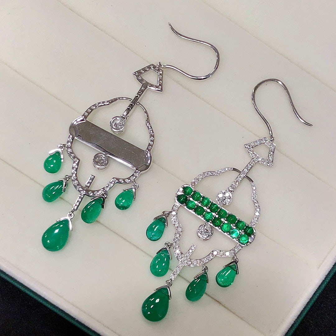 14k Gold 14.17 Ctw Natural Emerald & Diamond Earrings - 5