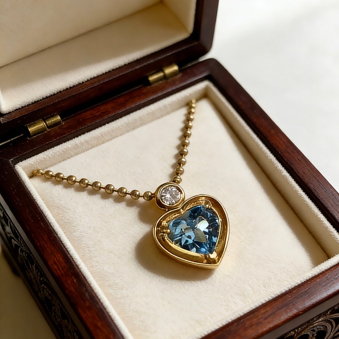 14k Gold 1.1 Ct Natural Aquamarine & Diamond Necklace: Ref:231108059 // gold content:14k gold // main gemstone:aquamarine // shape:heart // carat weight:1. 1ct // color:santa maria color // treatment:natural // // adjacent gemstone 2 : diamond //