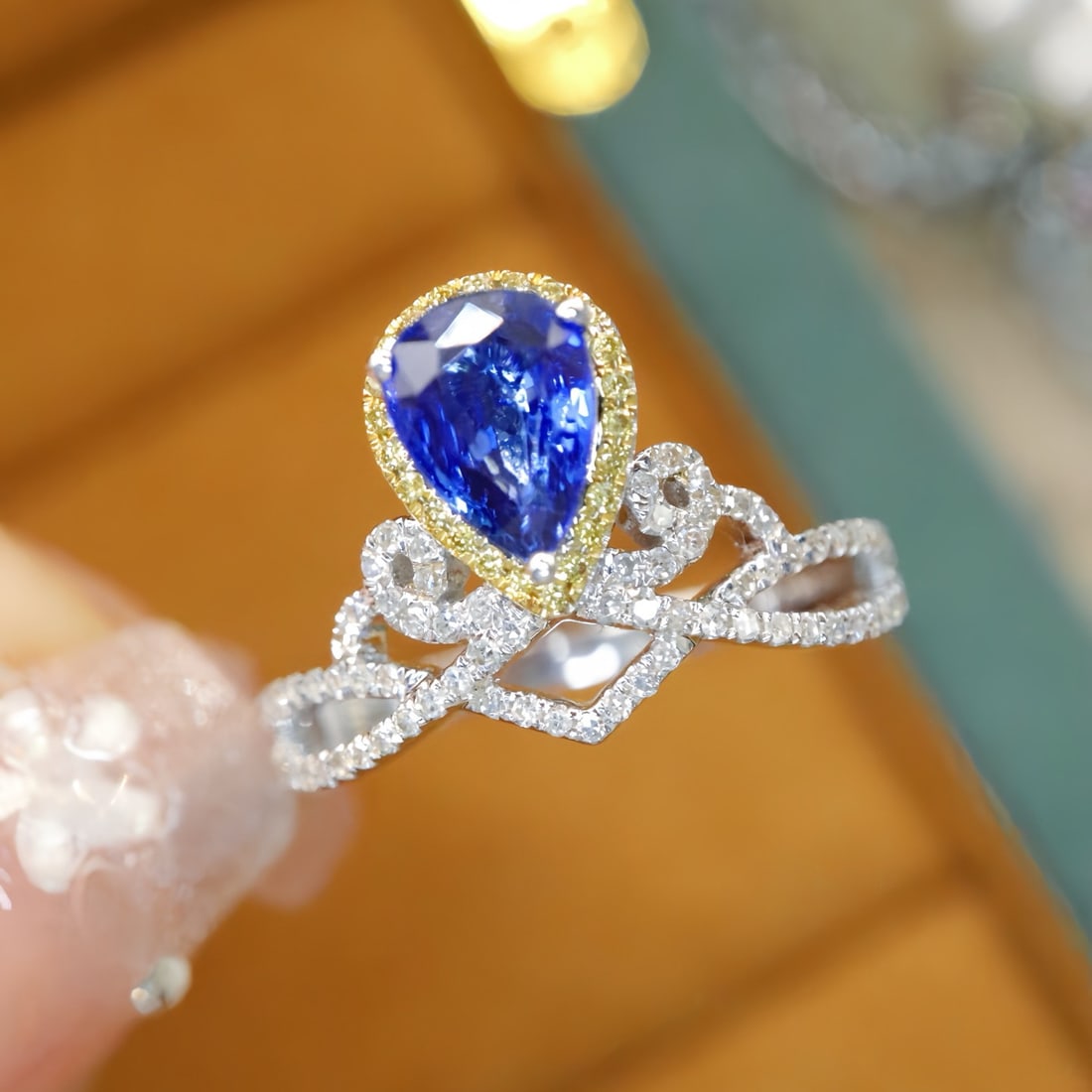 14k Gold 1.43 Ctw Natural Sapphire & Diamond Ring: Ref:231108114 // gold content:14k gold // ring size:7. 25us // // main gemstone:sapphire // shape:pear // carat weight:1. 12ct // color:royal blue // treatment:natural // // adjacent gemstone 2 :
