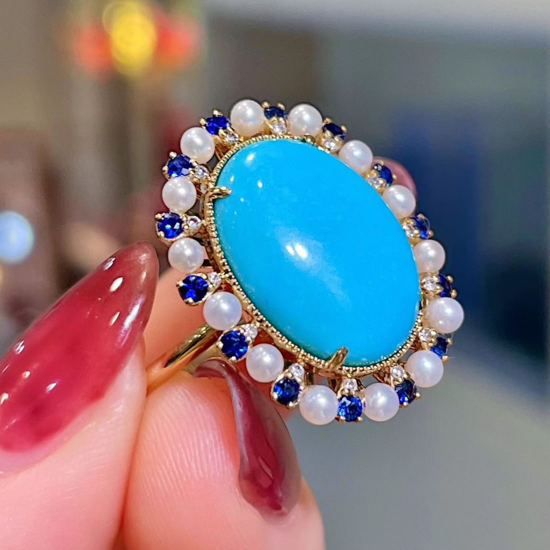14k Gold 6.80 Ctw Natural Blue Turquoise & Sapphire Ring - 4