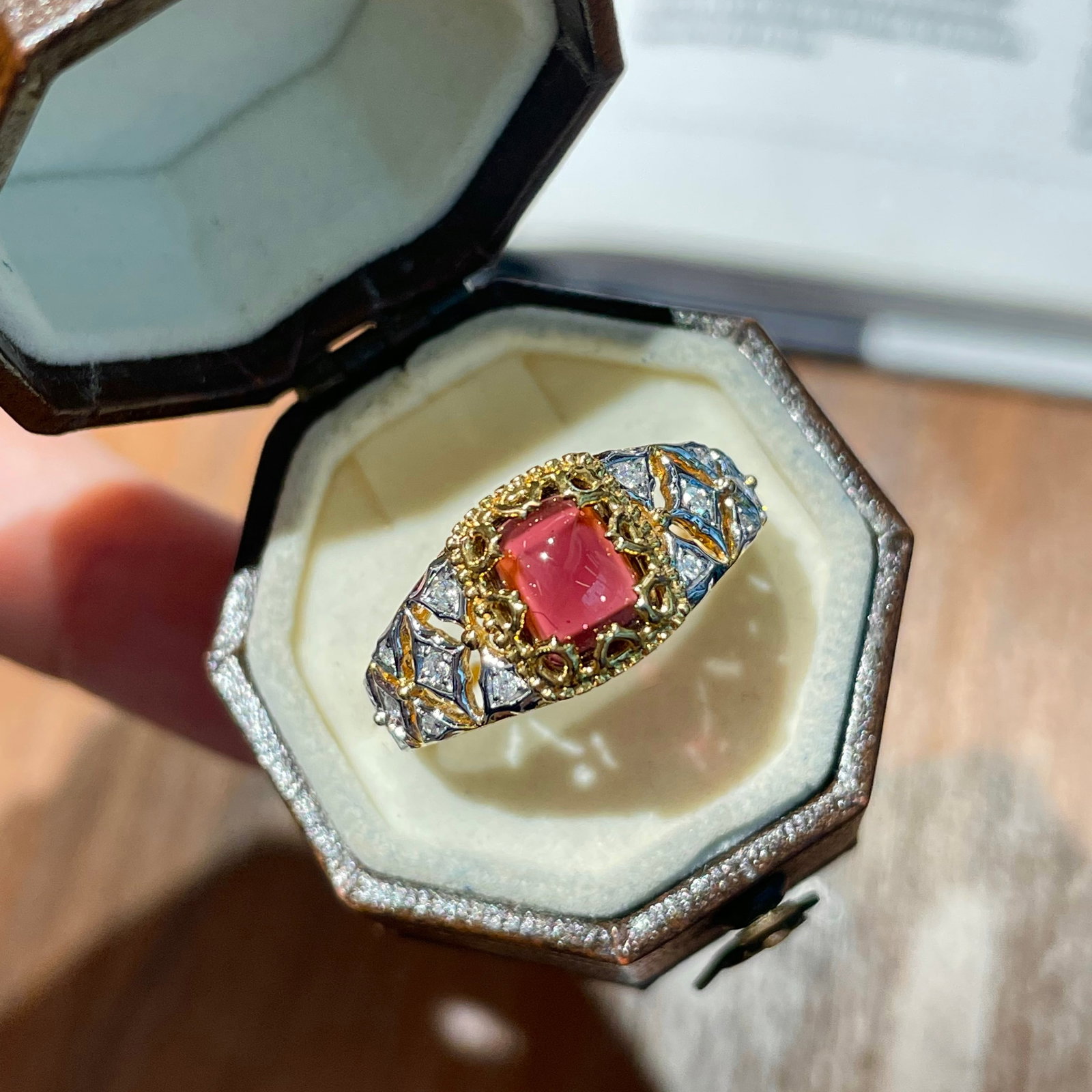 14k Gold 1.3 Ct Natural Tourmaline & Diamond Ring: Ref:231108143 // gold content:14k gold // ring size:7. 25us // // main gemstone:tourmaline // shape:sugar-loaf // carat weight:1. 3ct // color:red // treatment:natural // // adjacent gemstone 2 :