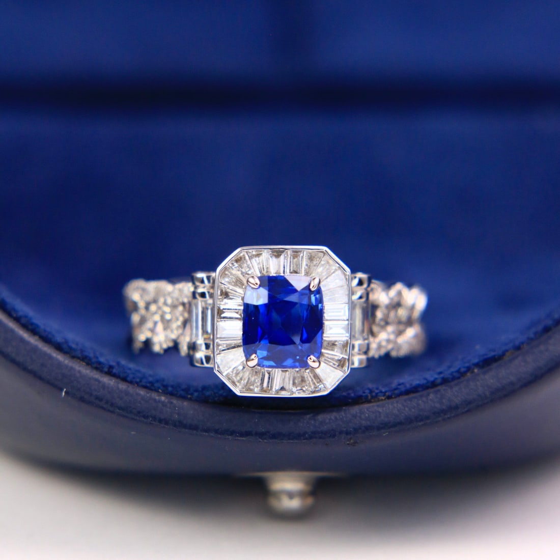 14k Gold 1.76 Ctw Natural Sapphire & Diamond Ring: Ref:231108152 // gold content:14k gold // ring size:7. 25us // // main gemstone:sapphire // shape:cushion // carat weight:1. 13ct // color:royal blue // treatment:natural // // adjacent gemstone 2 :