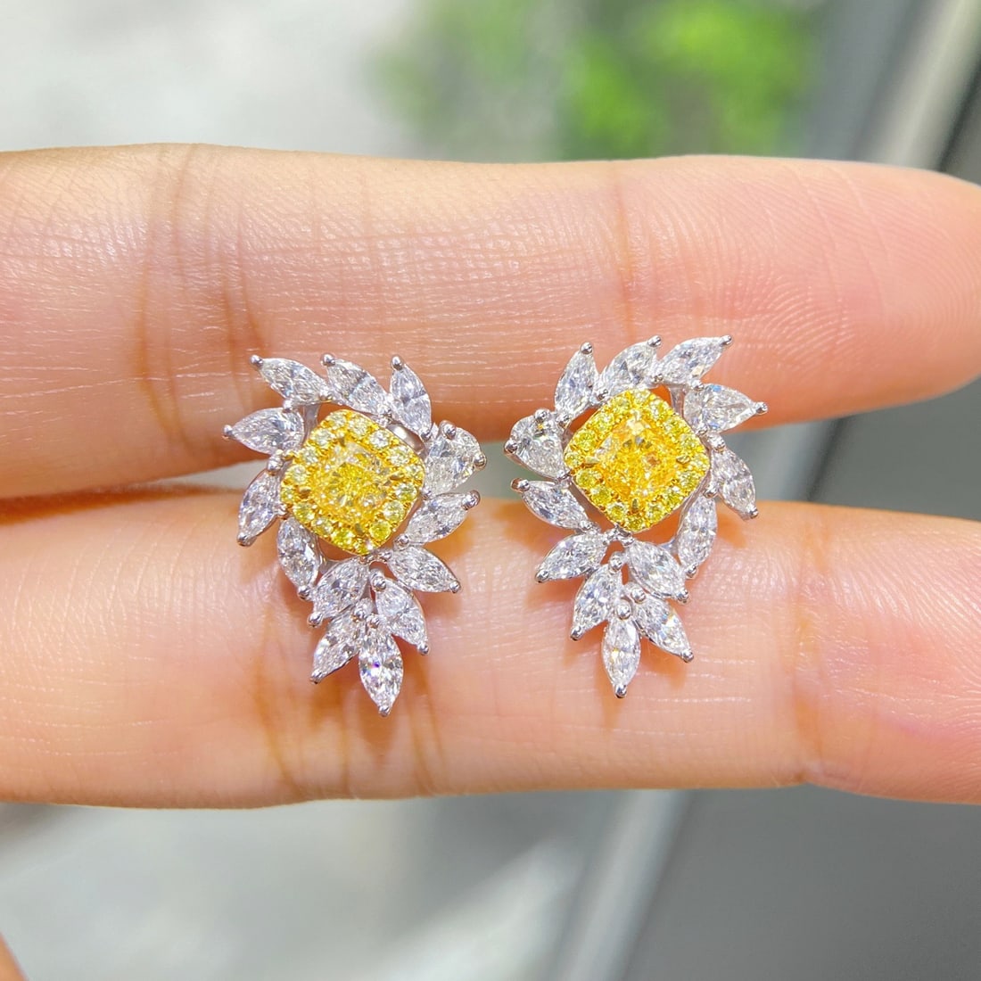 14k Gold 2.30 Ctw Natural Yellow Diamond & Diamond Earrings: Ref:231108166 // gold content:14k gold // main gemstone:yellow diamond // shape:cushion // carat weight:0. 6ct // color:yellow // treatment:natural // // adjacent gemstone 2 : diamond //
