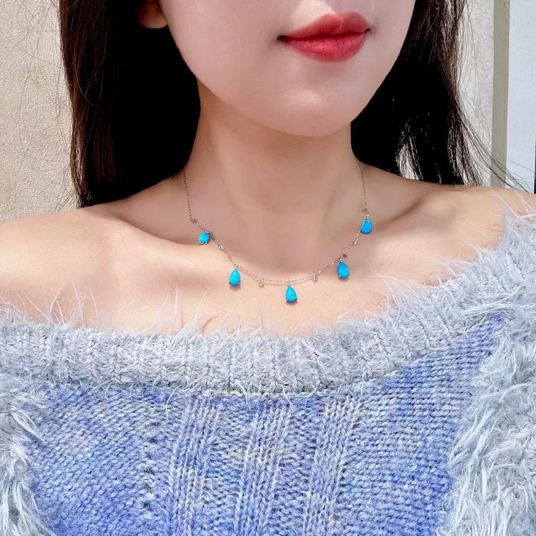 14k Gold 6.48 Ctw Natural Blue Turquoise & Diamond Necklace - 3