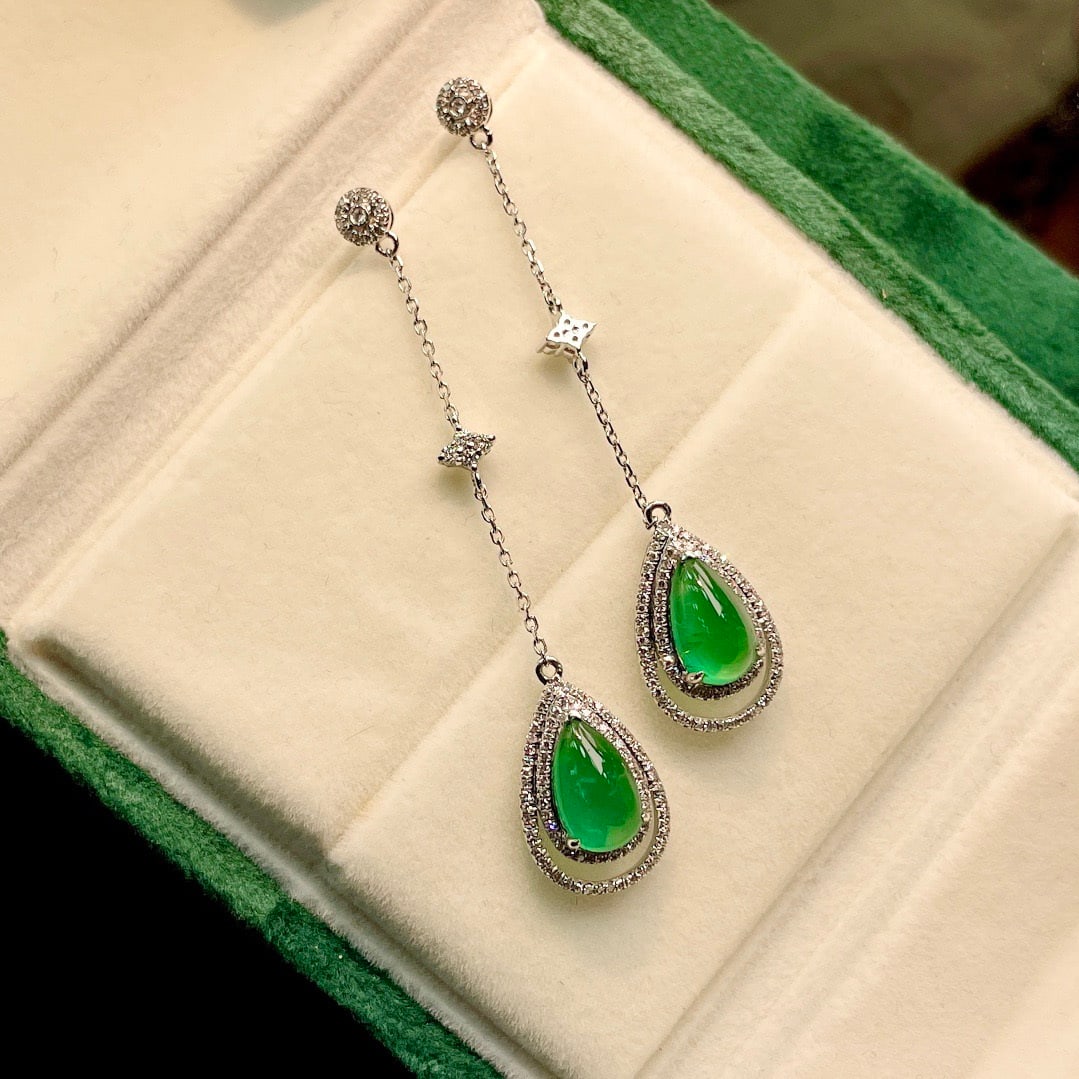 14k Gold 4 Ct Natural Emerald & Diamond Earrings - 3
