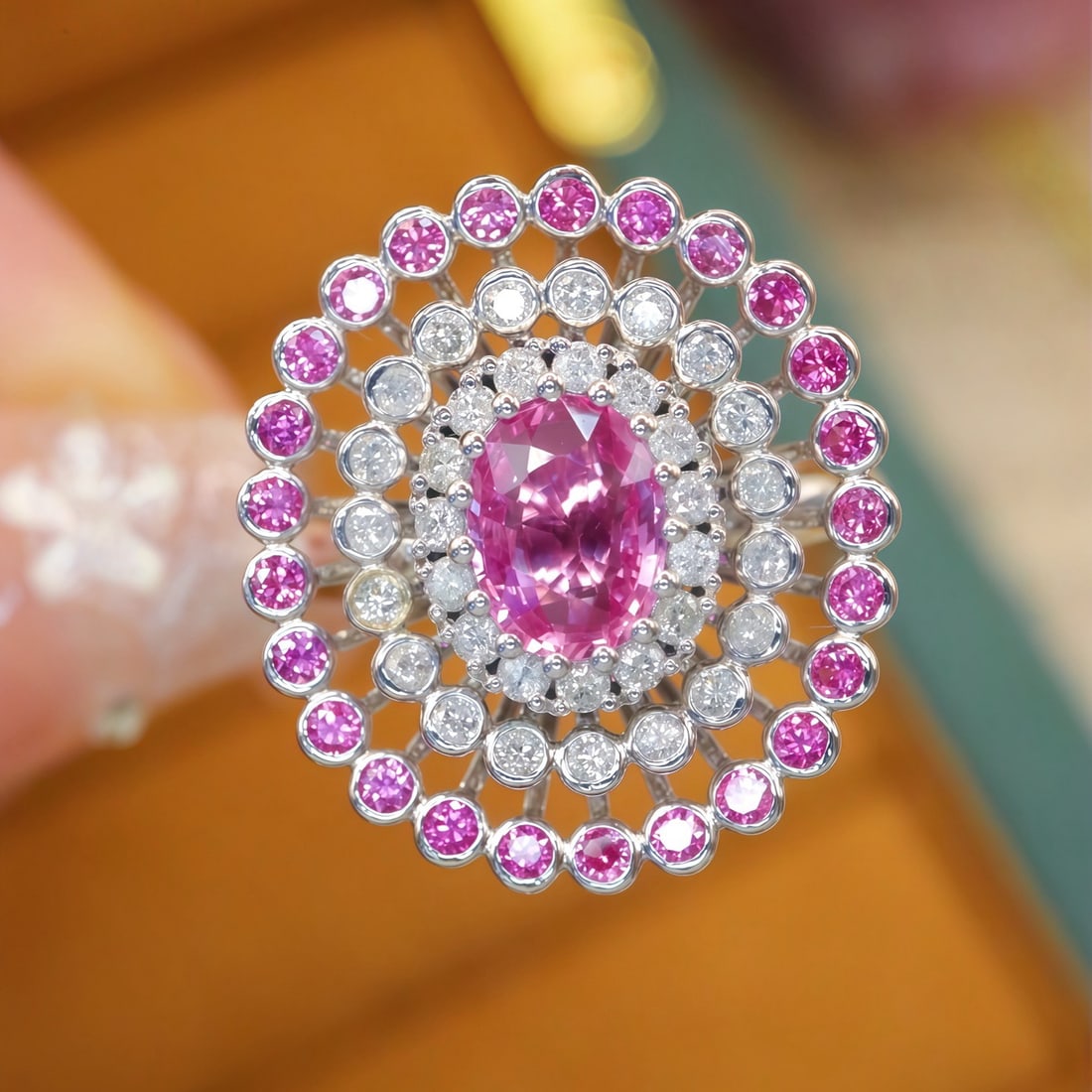 14k Gold 1.47 Ctw Natural Padparadscha Sapphire & Sapphire Ring: Ref:231108194 // gold content:14k gold // ring size:7. 25us // // main gemstone:padparadscha sapphire // shape:oval // carat weight:1. 02ct // color:orangish pink // treatment:natural // // adjacent g