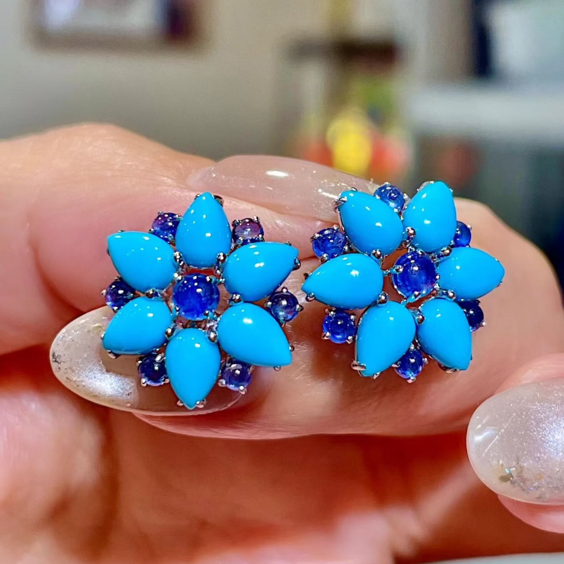 14k Gold 6.32 Ctw Natural Blue Turquoise & Sapphire Earrings: Ref:231108195 // gold content:14k gold // main gemstone:blue turquoise // shape:pear // carat weight:4. 75ct // color:blue // treatment:natural // // adjacent gemstone 2 : sapphire // shape:round // c