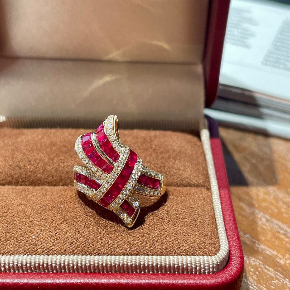 14k Gold 2 Ct Natural Ruby & Diamond Ring: Ref:231108209 // gold content:14k gold // ring size:7. 25us // // main gemstone:ruby // shape:princess // carat weight:2ct // color:red // treatment:natural // // adjacent gemstone 2 : diamond //