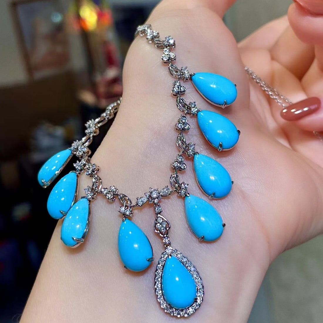 14k Gold 24.76 Ctw Natural Blue Turquoise & Diamond Necklace - 3