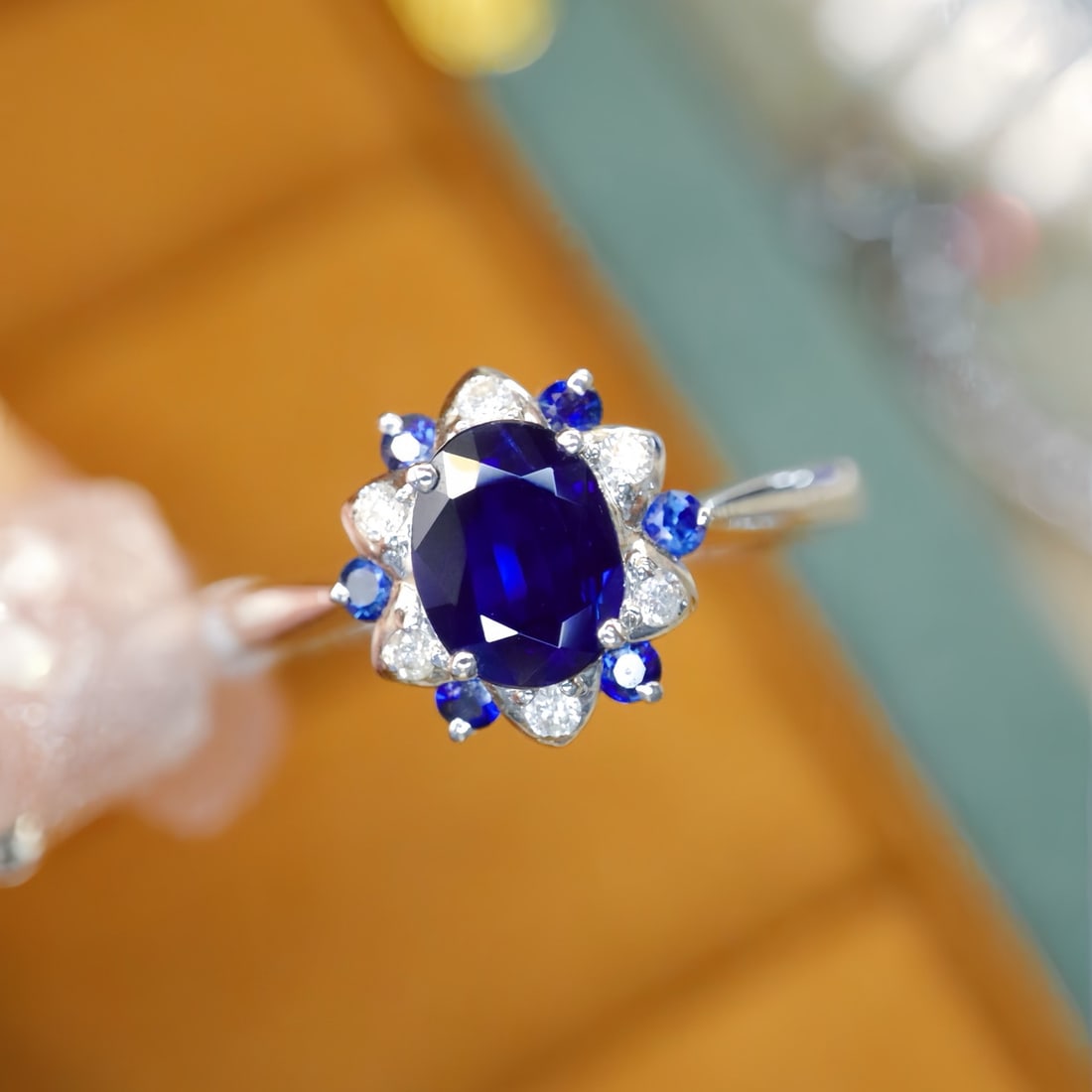 14k Gold 0.80 Ctw Natural Sapphire & Sapphire Ring: Ref:231108214 // gold content:14k gold // ring size:7. 25us // // main gemstone:sapphire // shape:oval // carat weight:0. 68ct // color:royal blue // treatment:natural // // adjacent gemstone 2 :