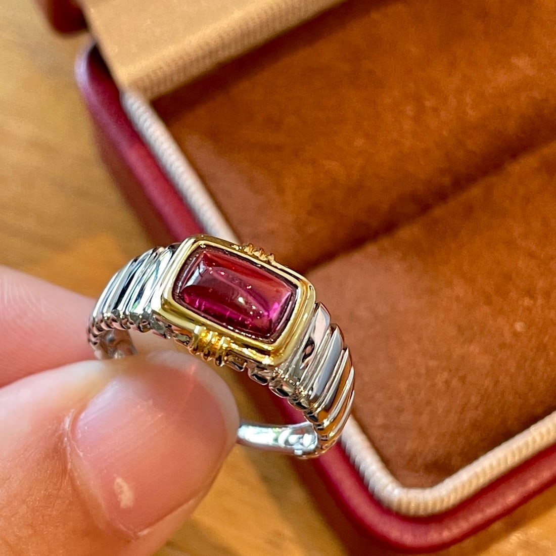 14k Gold 1 Ct Natural Tourmaline Ring: Ref:231108228 // gold content:14k gold // ring size:7. 25us // // main gemstone:tourmaline // shape:cushion // carat weight:1ct // color:red // treatment:natural // High Estimate: 5300 Low Estimate: