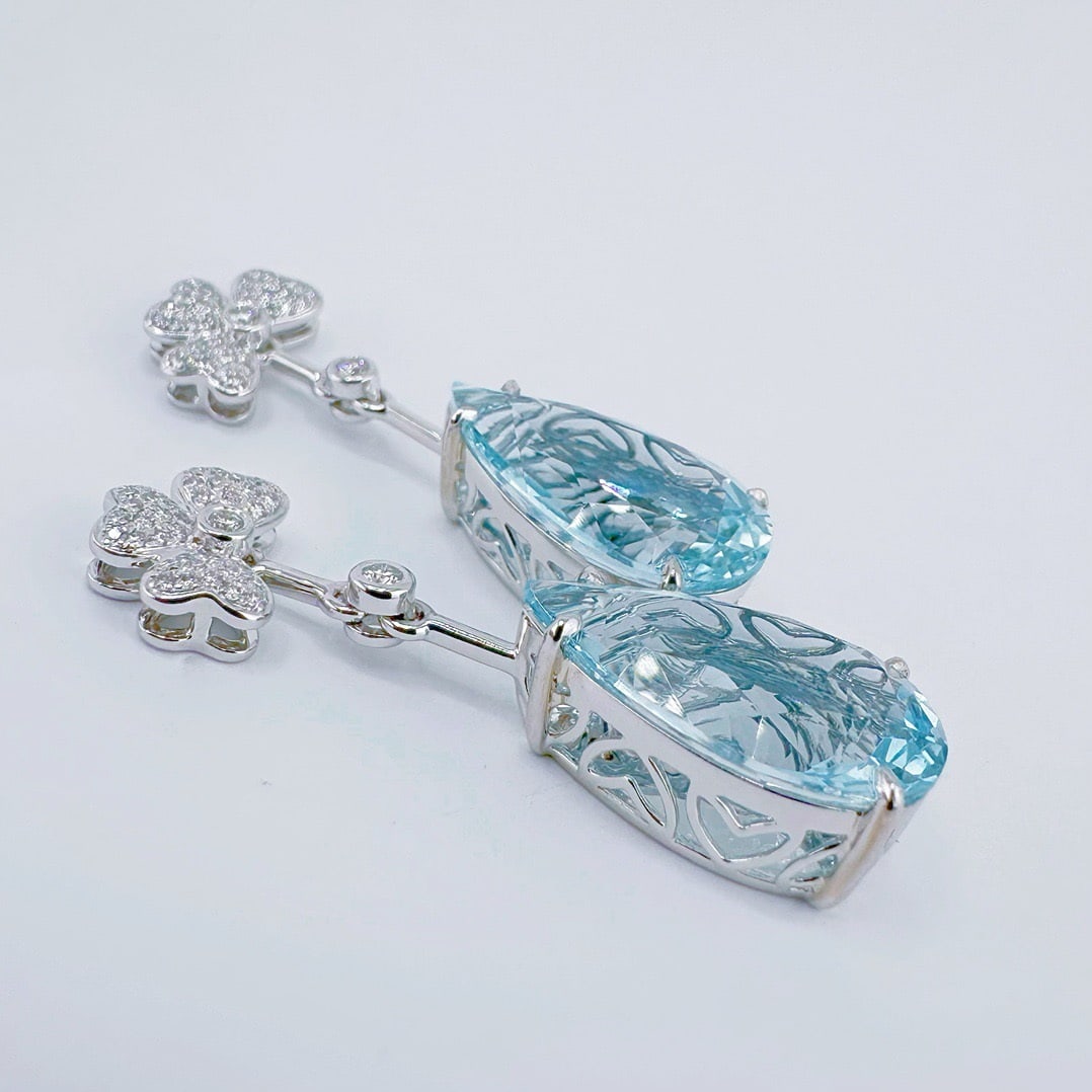 14k Gold 11.00 Ctw Natural Aquamarine & Diamond Earrings - 3