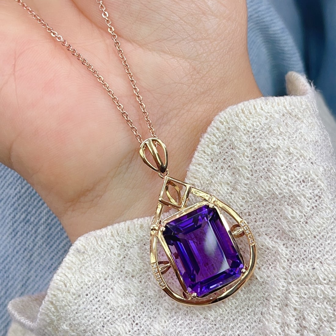 14k Gold 12.65 Ct Natural Amethyst & Diamond Pendant( Without Chain ) - 2