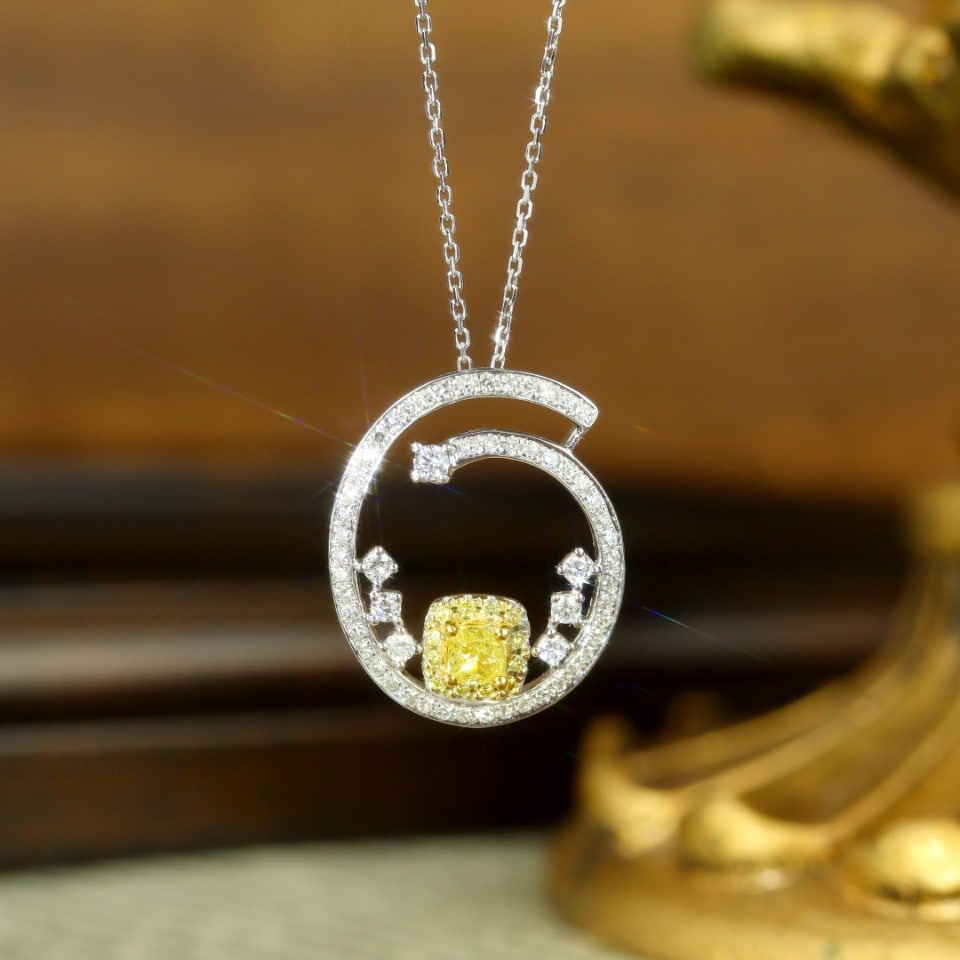 14k Gold 0.57 Ctw Natural Yellow Diamond & Diamond Pendant( Without Chain ): Ref:231108293 // gold content:14k gold // main gemstone:yellow diamond // shape:cushion // carat weight:0. 22ct // color:yellow // treatment:natural // // adjacent gemstone 2 : diamond // shape:round