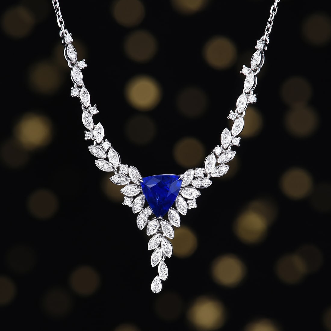 14k Gold 1.47 Ctw Natural Sapphire & Diamond Necklace: Ref:231108397 // gold content:14k gold // main gemstone:sapphire // shape:triangle // carat weight:1. 19ct // color:blue // treatment:natural // // adjacent gemstone 2 : diamond // number of
