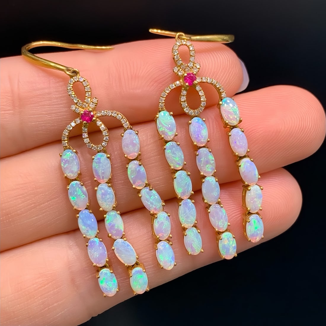 14k Gold 4.40 Ctw Natural Opal & Diamond Earrings: Ref:231108425 // gold content:14k gold // main gemstone:opal // shape:oval // carat weight:4. 16ct // color:color // treatment:natural // // adjacent gemstone 2 : diamond // number of stones:82 //