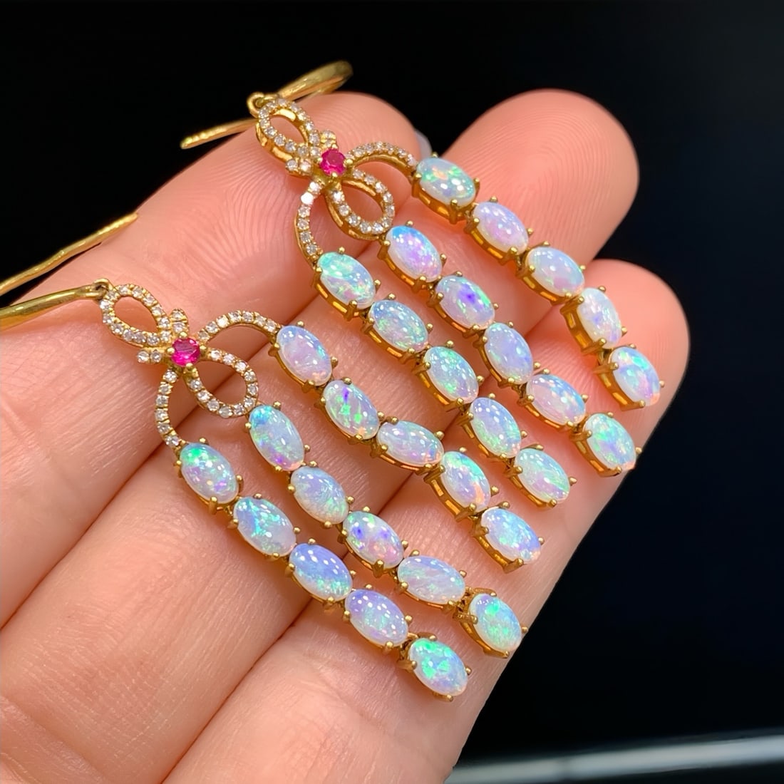 14k Gold 4.40 Ctw Natural Opal & Diamond Earrings - 2
