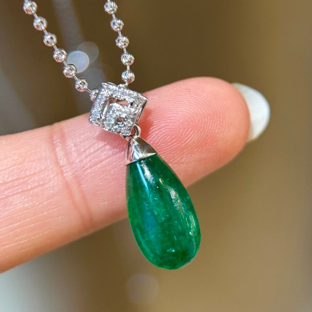 14k Gold 4.98 Ct Natural Emerald & Diamond Pendant( Without Chain ) - 2