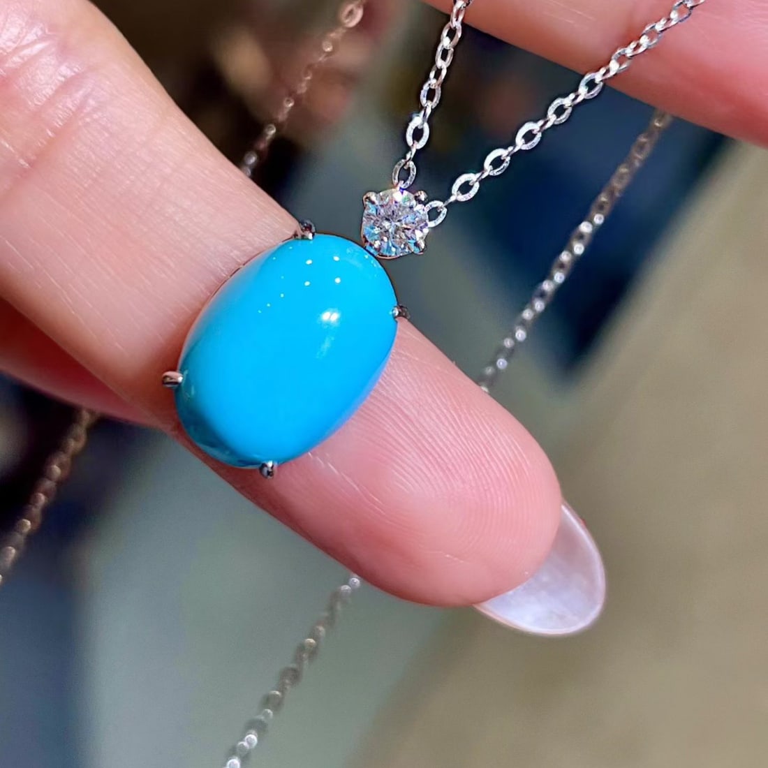 14k Gold 6.87 Ctw Natural Blue Turquoise & Diamond Necklace - 3