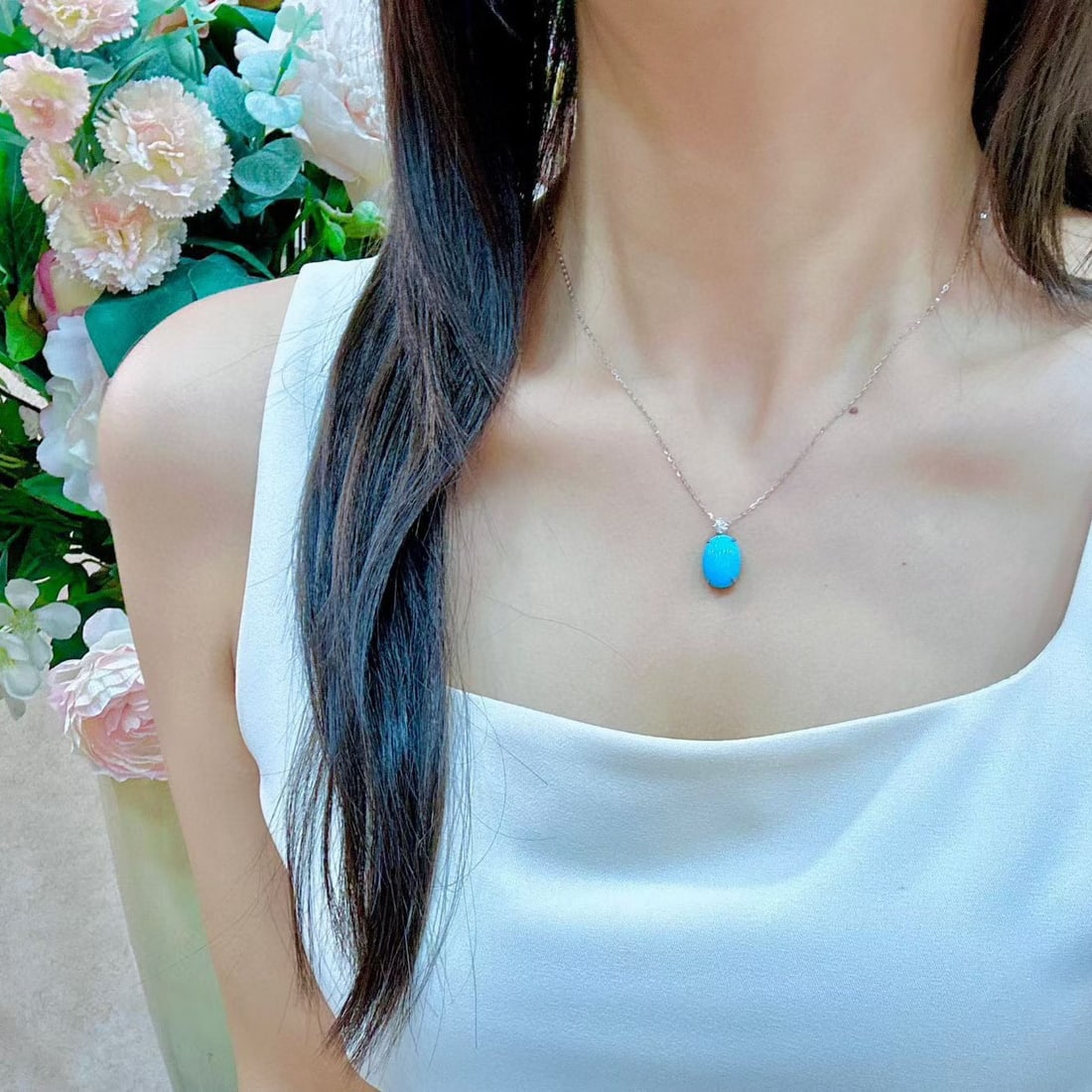 14k Gold 6.87 Ctw Natural Blue Turquoise & Diamond Necklace - 4