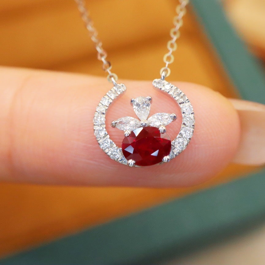 14k Gold 0.71 Ctw Natural Ruby & Diamond Necklace: Ref:231108446 // gold content:14k gold // main gemstone:ruby // shape:oval // carat weight:0. 52ct // color:pigeonblood red // treatment:natural // // adjacent gemstone 2 : diamond // number of