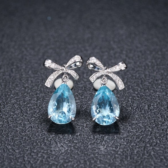 14k Gold 3.58 Ct Natural Aquamarine & Diamond Earrings - 4