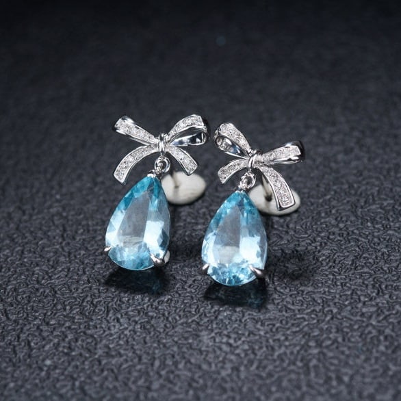 14k Gold 3.58 Ct Natural Aquamarine & Diamond Earrings - 6