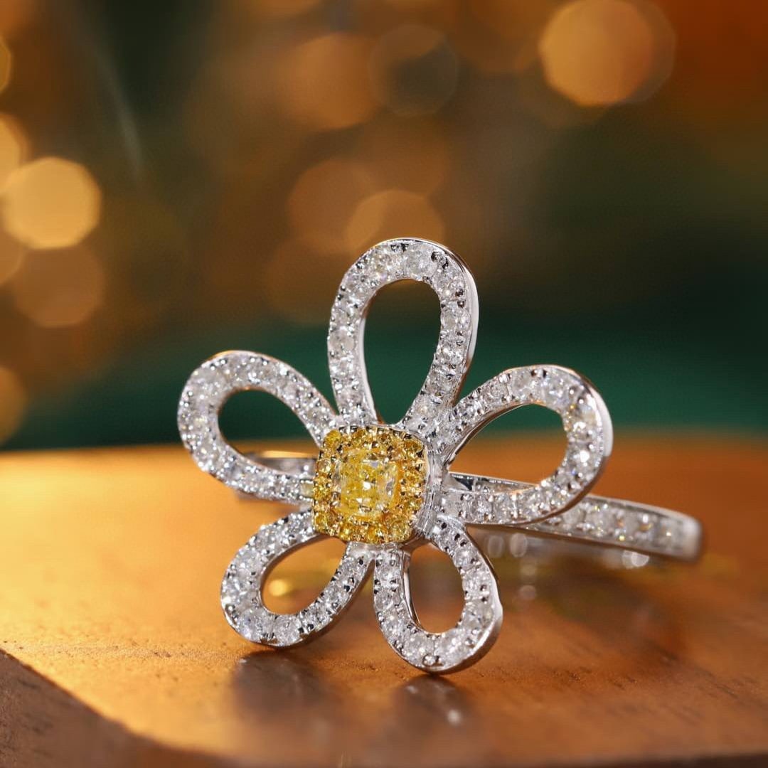 14k Gold 0.85 Ctw Natural Yellow Diamond & Diamond Ring: Ref:231111163 // gold content:14k gold // ring size:7. 25us // // main gemstone:yellow diamond // shape:cushion // carat weight:0. 15ct // color:yellow // treatment:natural // // adjacent gemstone 2