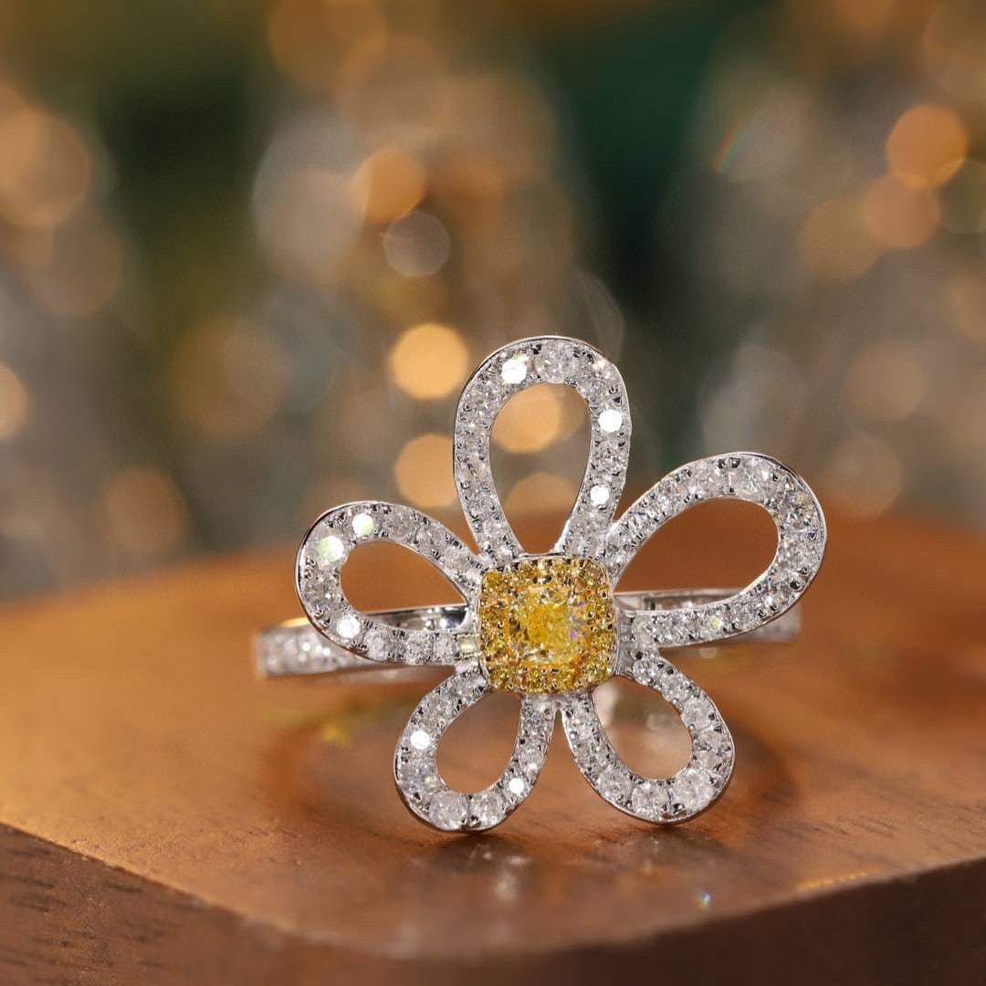 14k Gold 0.85 Ctw Natural Yellow Diamond & Diamond Ring - 2