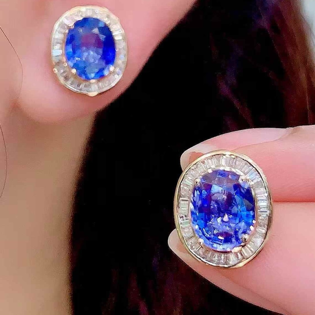 14k Gold 3.3 Ct Natural Sapphire & Diamond Earrings - 5