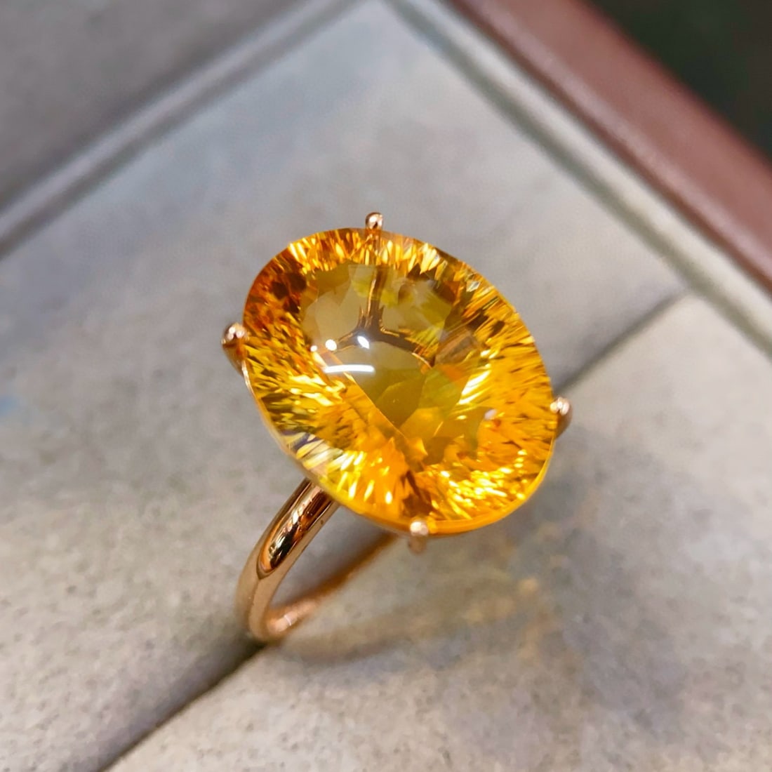 14k Gold 8.8 Ct Natural Citrine Ring: Ref:231111234 // gold content:14k gold // ring size:7. 25us // // main gemstone:citrine // shape:oval // carat weight:8. 8ct // color:yellow // treatment:natural // Low Estimate: 1500 Condition: New