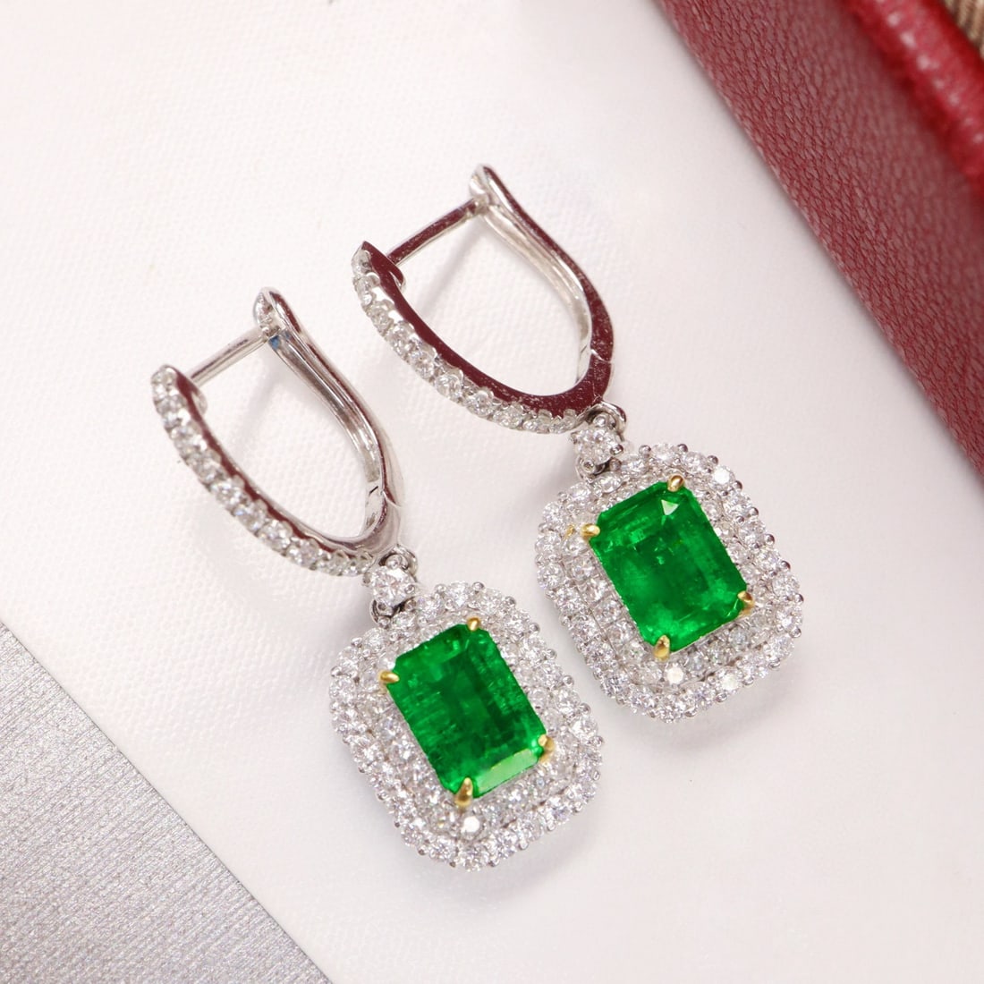 14k Gold 2.38 Ctw Vivid Green Natural Emerald & Diamond Earrings - 3