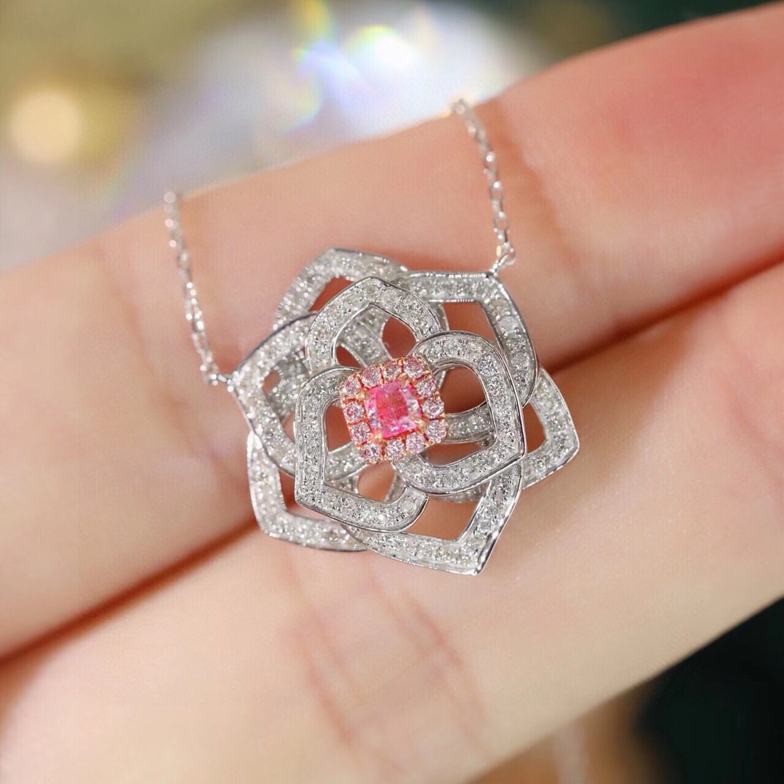 14k Gold 0.65 Ctw Natural Pink Diamond & Diamond Necklace: Ref:231111257 // gold content:14k gold // main gemstone:pink diamond // shape:cushion // carat weight:0. 12ct // color:pink // treatment:natural // // adjacent gemstone 2 : diamond // shape:round //