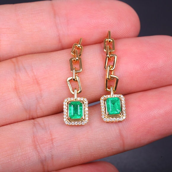 14k Gold 1.27 Ctw Vivid Green Natural Emerald & Diamond Earrings - 7