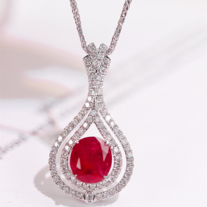 14k Gold 1.9 Ctw Natural Ruby & Diamond Pendant( Without Chain ): Ref:231112015 // gold content:14k gold // main gemstone:ruby // shape:oval // carat weight:1. 5ct // color:pigeonblood red // treatment:natural // // adjacent gemstone 2 : diamond // shape:round // ca