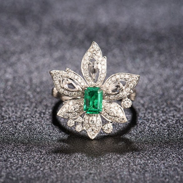 14k Gold 0.48 Ct Vivid Green Natural Emerald & Diamond Ring: Ref:231112024 // gold content:14k gold // ring size:7. 25us // // main gemstone:emerald // shape:octagonal // carat weight:0. 48ct // color:vivid green // treatment:natural // // adjacent gemstone 2