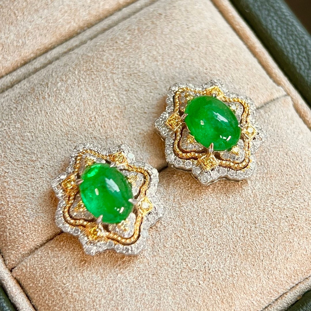 14k Gold 3.84 Ctw Vivid Green Natural Emerald & Diamond Earrings - 4
