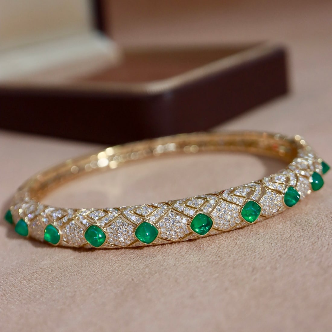 14k Gold 4.33 Ctw Vivid Green Natural Emerald & Diamond Bangle - 3