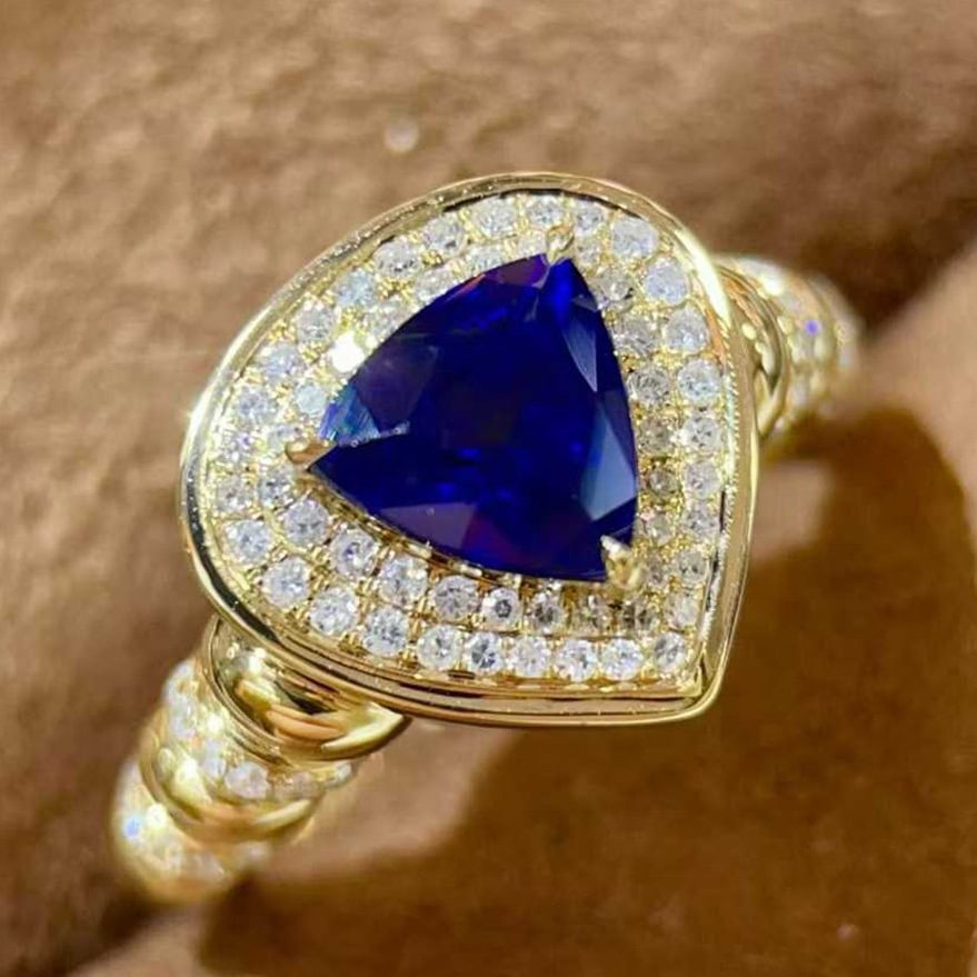 14k Gold 1.81 Ctw Natural Sapphire & Diamond Ring: Ref:231112057 // gold content:14k gold // ring size:7. 25us // // main gemstone:sapphire // shape:triangle // carat weight:1. 51ct // color:blue // treatment:natural // // adjacent gemstone 2 :