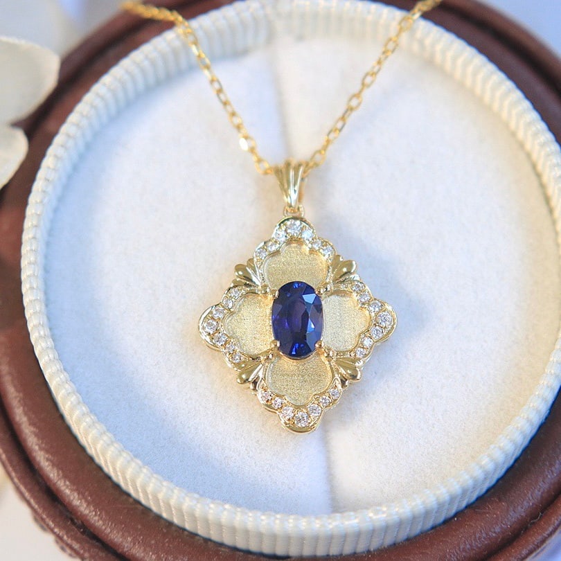 14k Gold 0.7 Ct Natural Sapphire & Diamond Pendant( Without Chain ) - 2