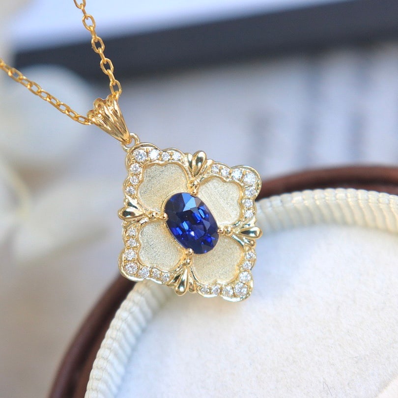 14k Gold 0.7 Ct Natural Sapphire & Diamond Pendant( Without Chain ) - 6
