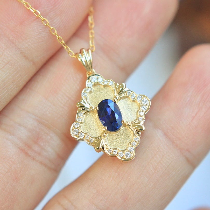 14k Gold 0.7 Ct Natural Sapphire & Diamond Pendant( Without Chain ) - 7